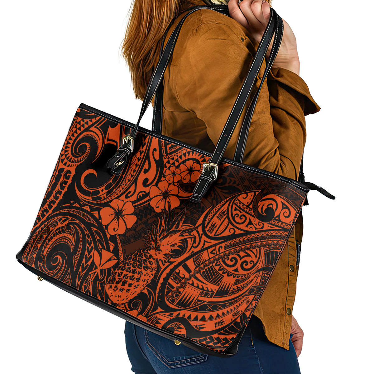 Hawaii Pineapple Leather Tote Bag Paradise Flowers Pacific With Orange Polynesian Tribal - Wonder Print Shop