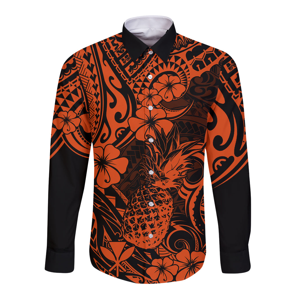 Hawaii Pineapple Long Sleeve Button Shirt Paradise Flowers Pacific With Orange Polynesian Tribal - Wonder Print Shop