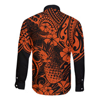 Hawaii Pineapple Long Sleeve Button Shirt Paradise Flowers Pacific With Orange Polynesian Tribal - Wonder Print Shop