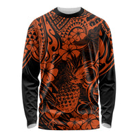 Hawaii Pineapple Long Sleeve Shirt Paradise Flowers Pacific With Orange Polynesian Tribal - Wonder Print Shop