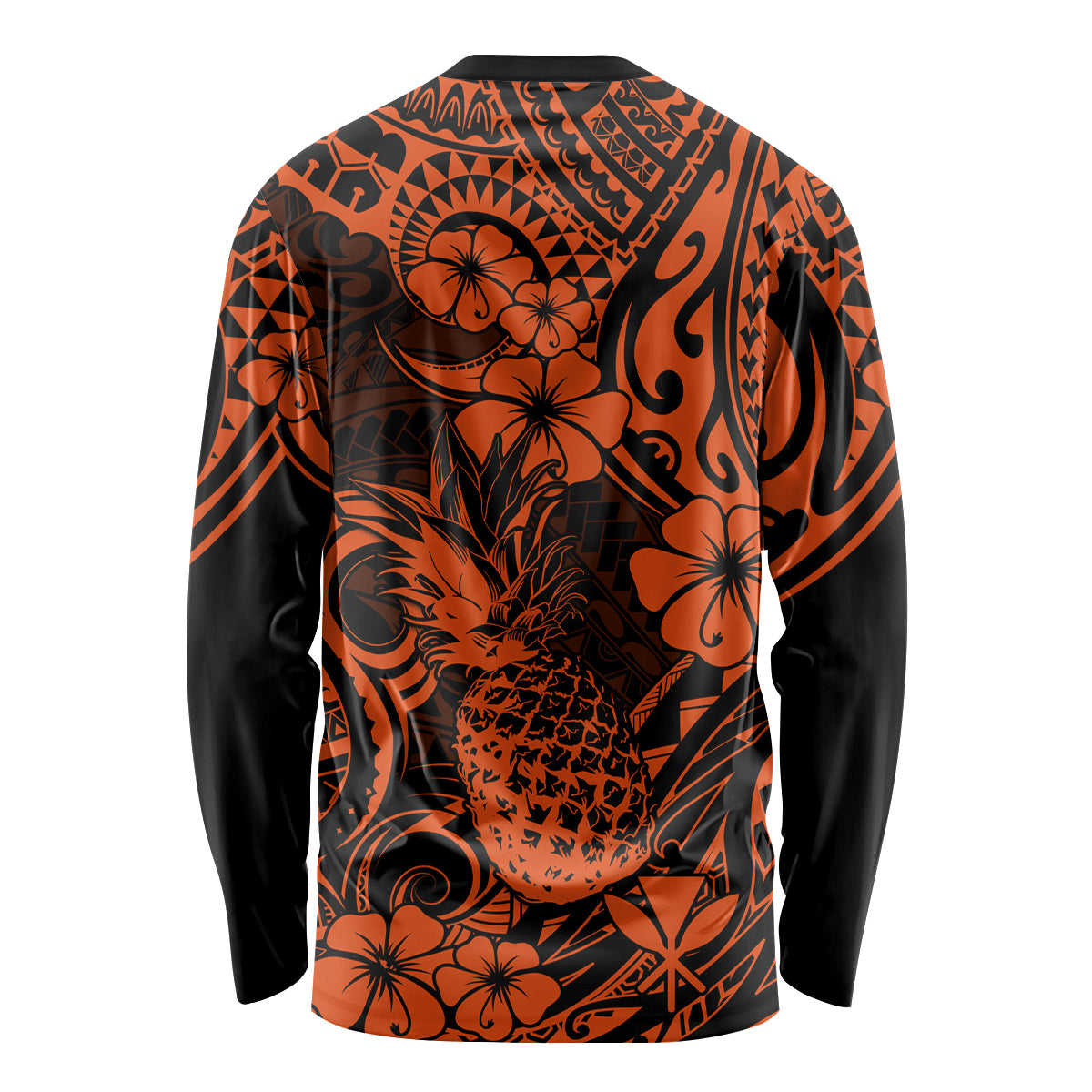 Hawaii Pineapple Long Sleeve Shirt Paradise Flowers Pacific With Orange Polynesian Tribal - Wonder Print Shop