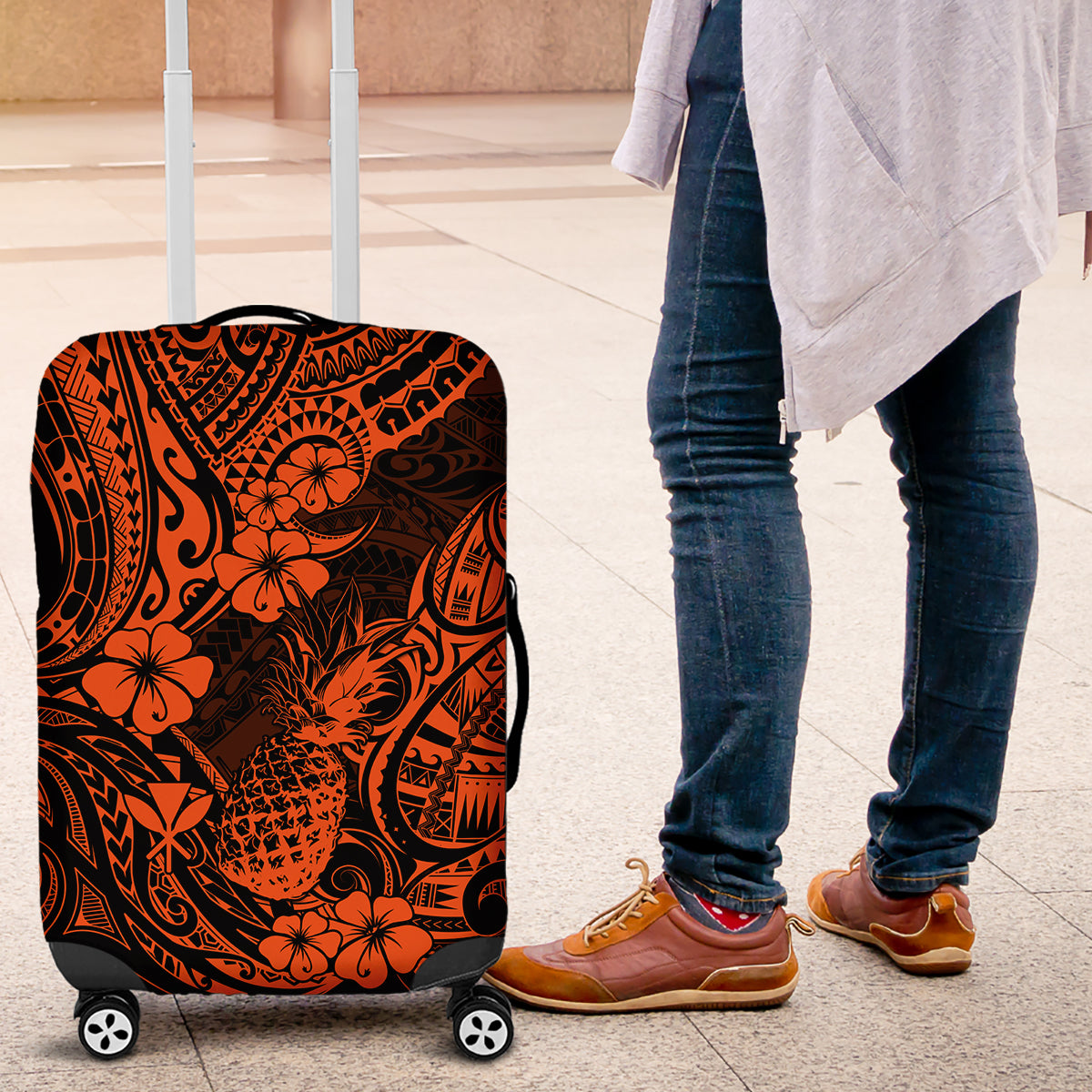 Hawaii Pineapple Luggage Cover Paradise Flowers Pacific With Orange Polynesian Tribal - Wonder Print Shop