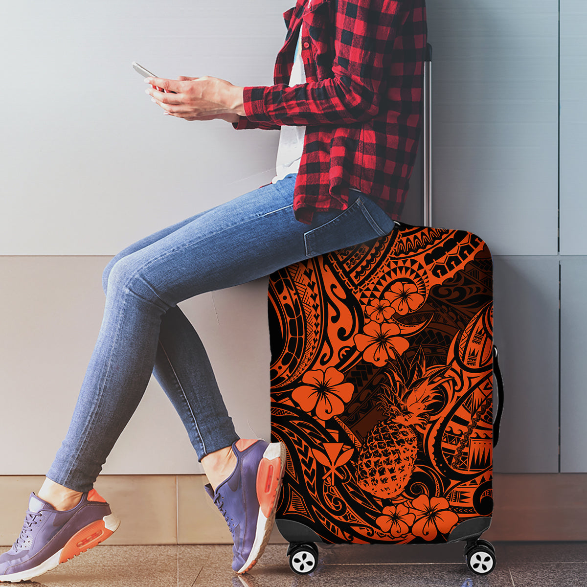Hawaii Pineapple Luggage Cover Paradise Flowers Pacific With Orange Polynesian Tribal - Wonder Print Shop