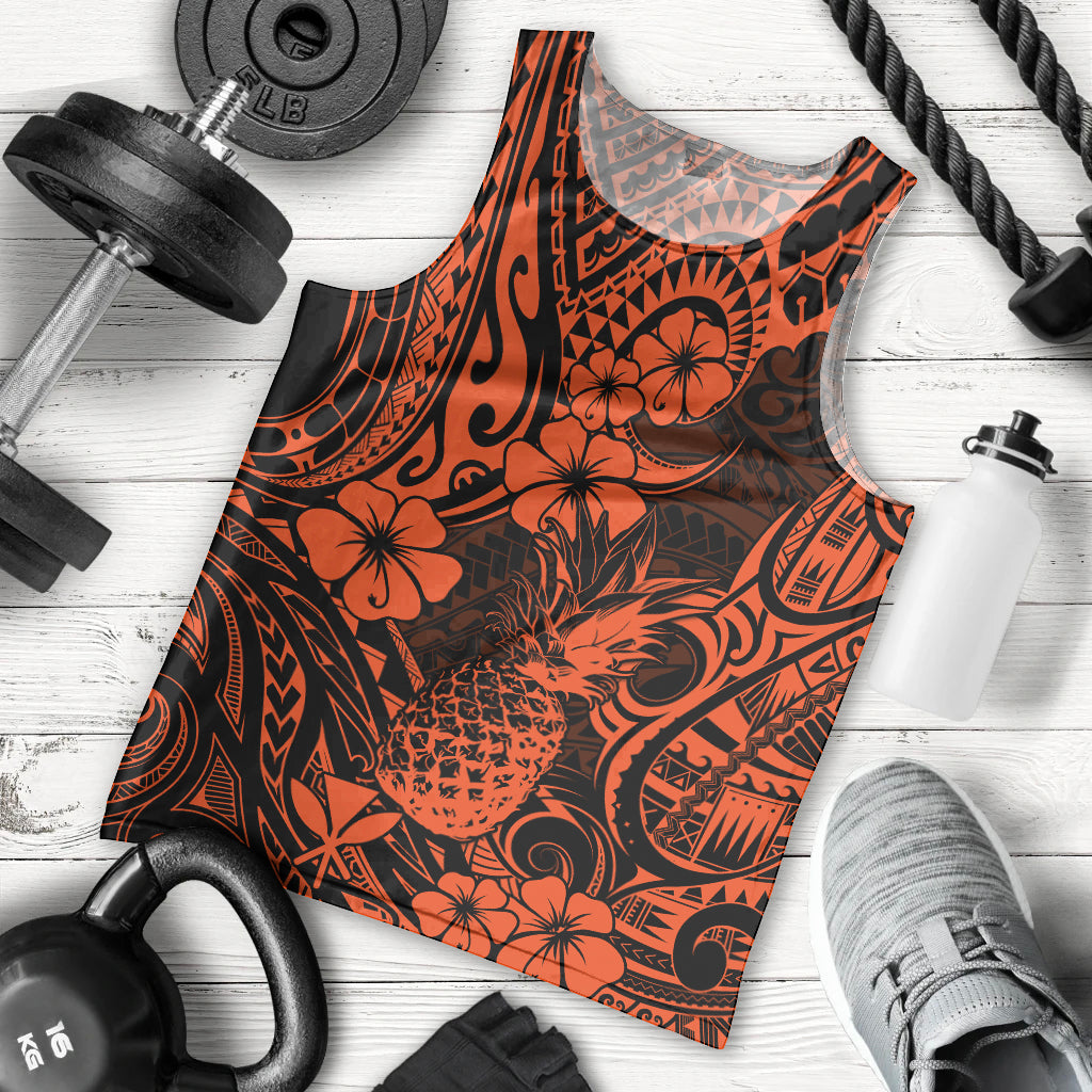 Hawaii Pineapple Men Tank Top Paradise Flowers Pacific With Orange Polynesian Tribal - Wonder Print Shop