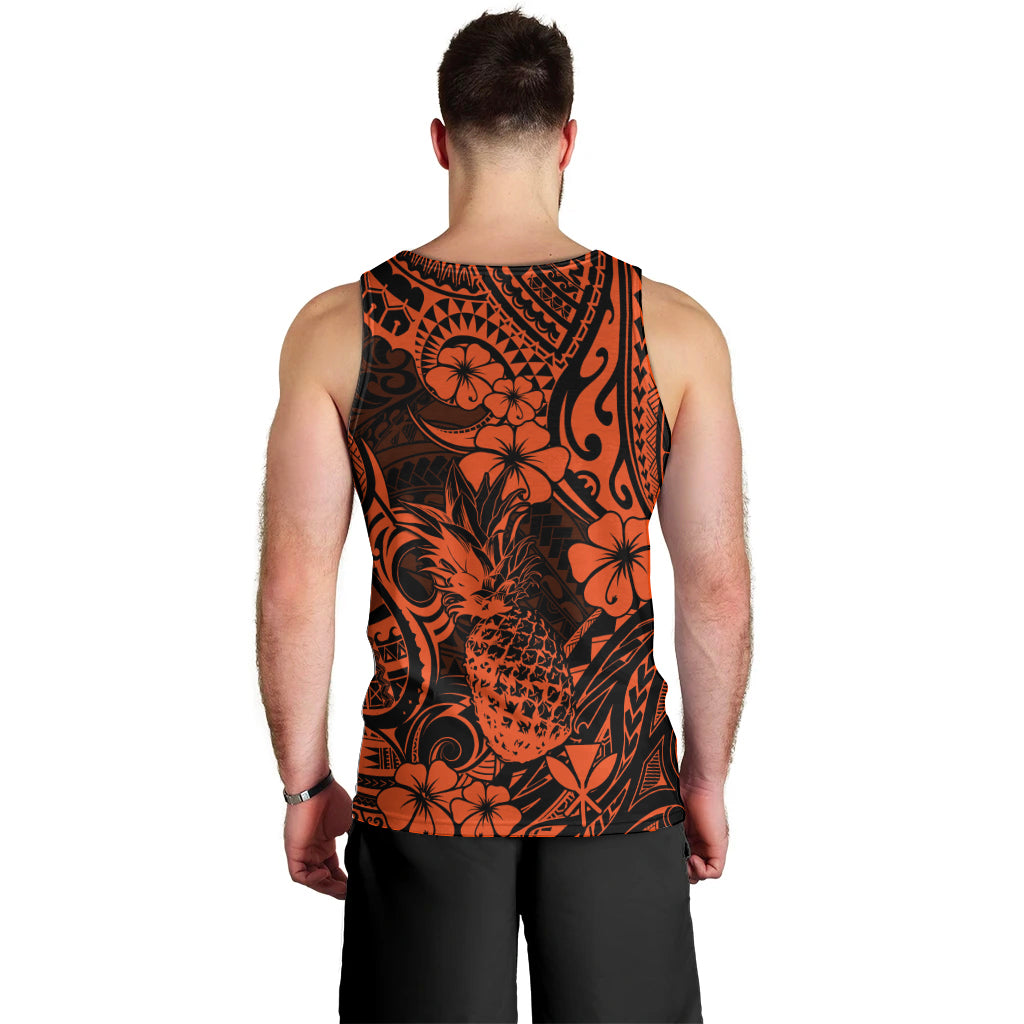 Hawaii Pineapple Men Tank Top Paradise Flowers Pacific With Orange Polynesian Tribal - Wonder Print Shop