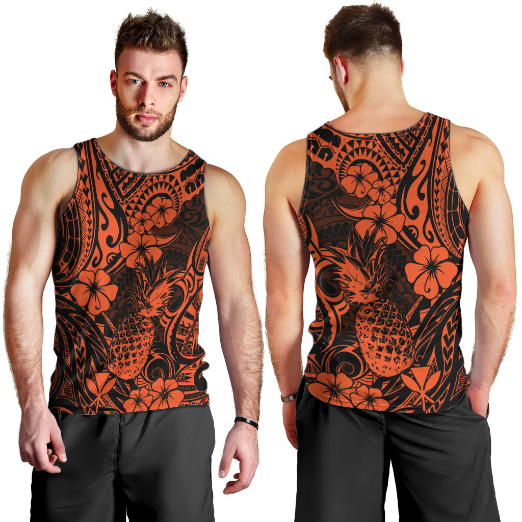 Hawaii Pineapple Men Tank Top Paradise Flowers Pacific With Orange Polynesian Tribal - Wonder Print Shop