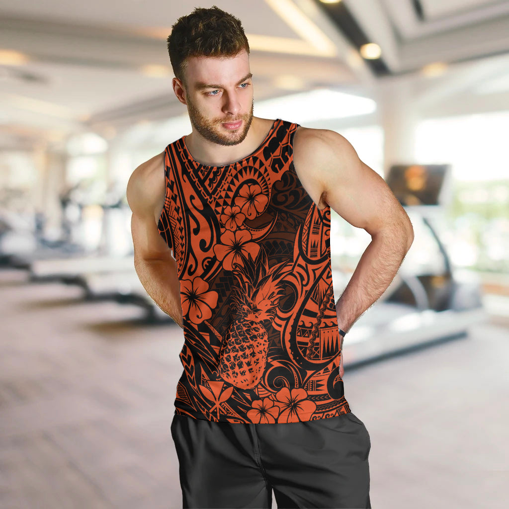 Hawaii Pineapple Men Tank Top Paradise Flowers Pacific With Orange Polynesian Tribal - Wonder Print Shop