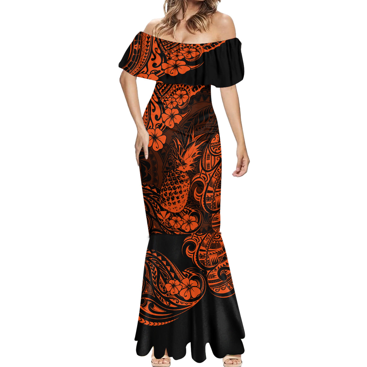 Hawaii Pineapple Mermaid Dress Paradise Flowers Pacific With Orange Polynesian Tribal - Wonder Print Shop