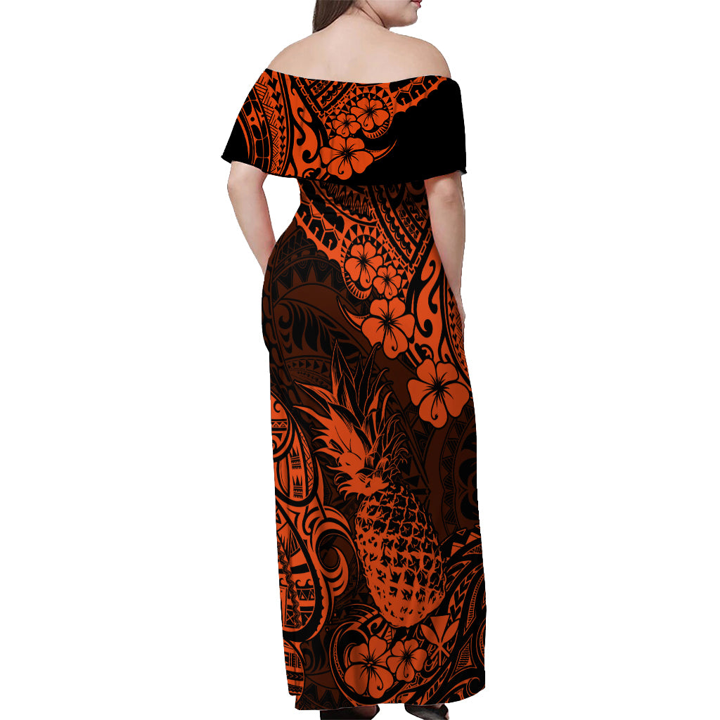 Hawaii Pineapple Off Shoulder Maxi Dress Paradise Flowers Pacific With Orange Polynesian Tribal - Wonder Print Shop