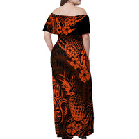 Hawaii Pineapple Off Shoulder Maxi Dress Paradise Flowers Pacific With Orange Polynesian Tribal - Wonder Print Shop