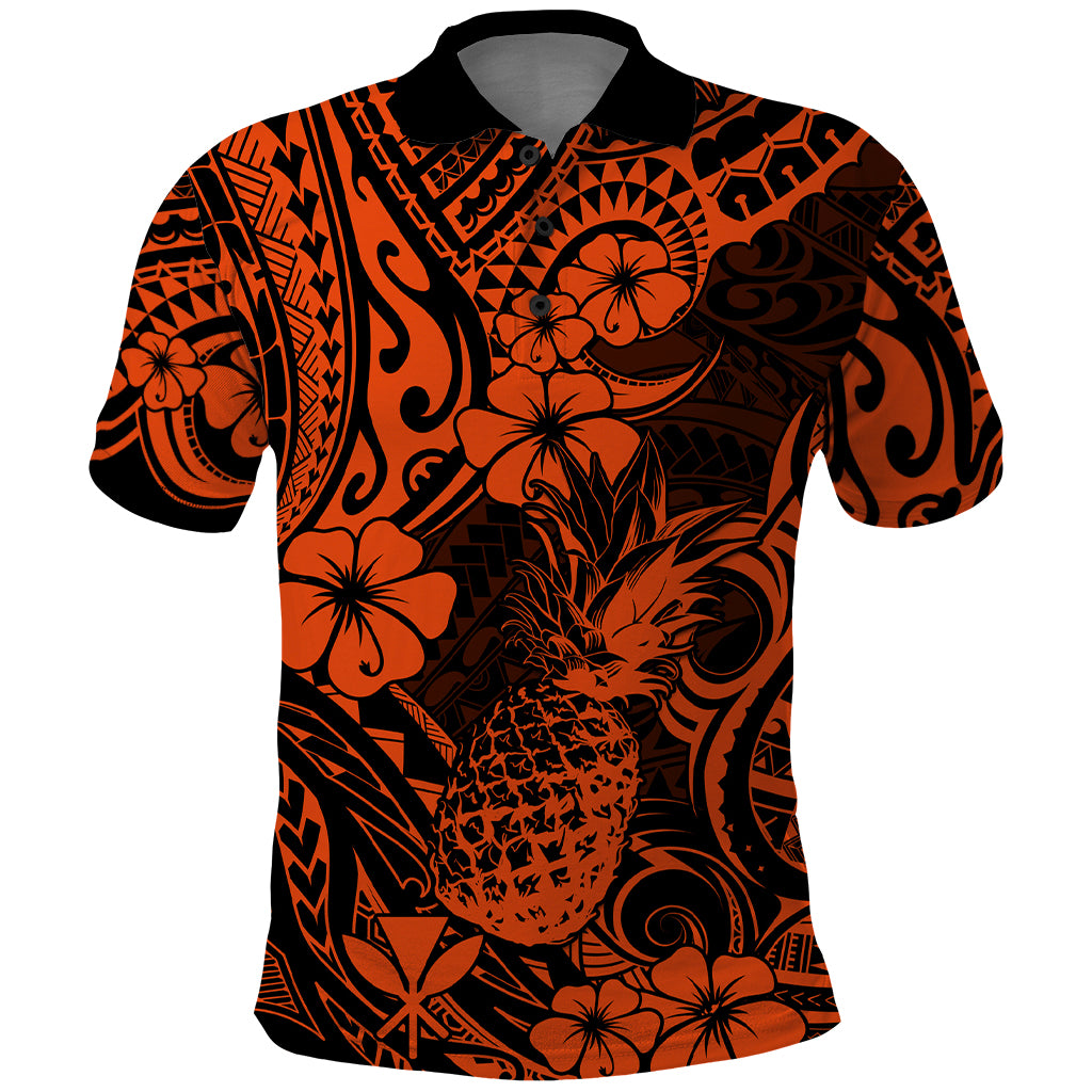Hawaii Pineapple Polo Shirt Paradise Flowers Pacific With Orange Polynesian Tribal - Wonder Print Shop