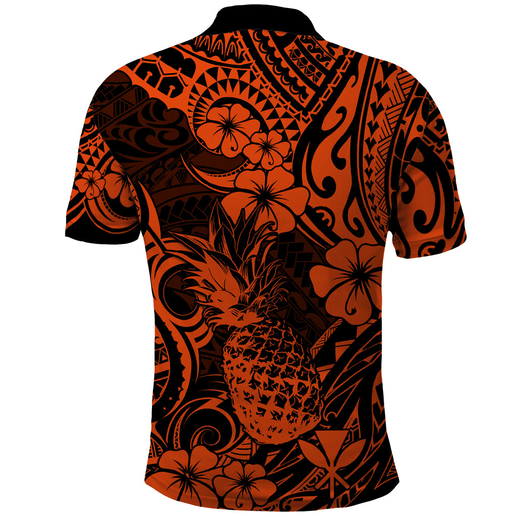 Hawaii Pineapple Polo Shirt Paradise Flowers Pacific With Orange Polynesian Tribal - Wonder Print Shop