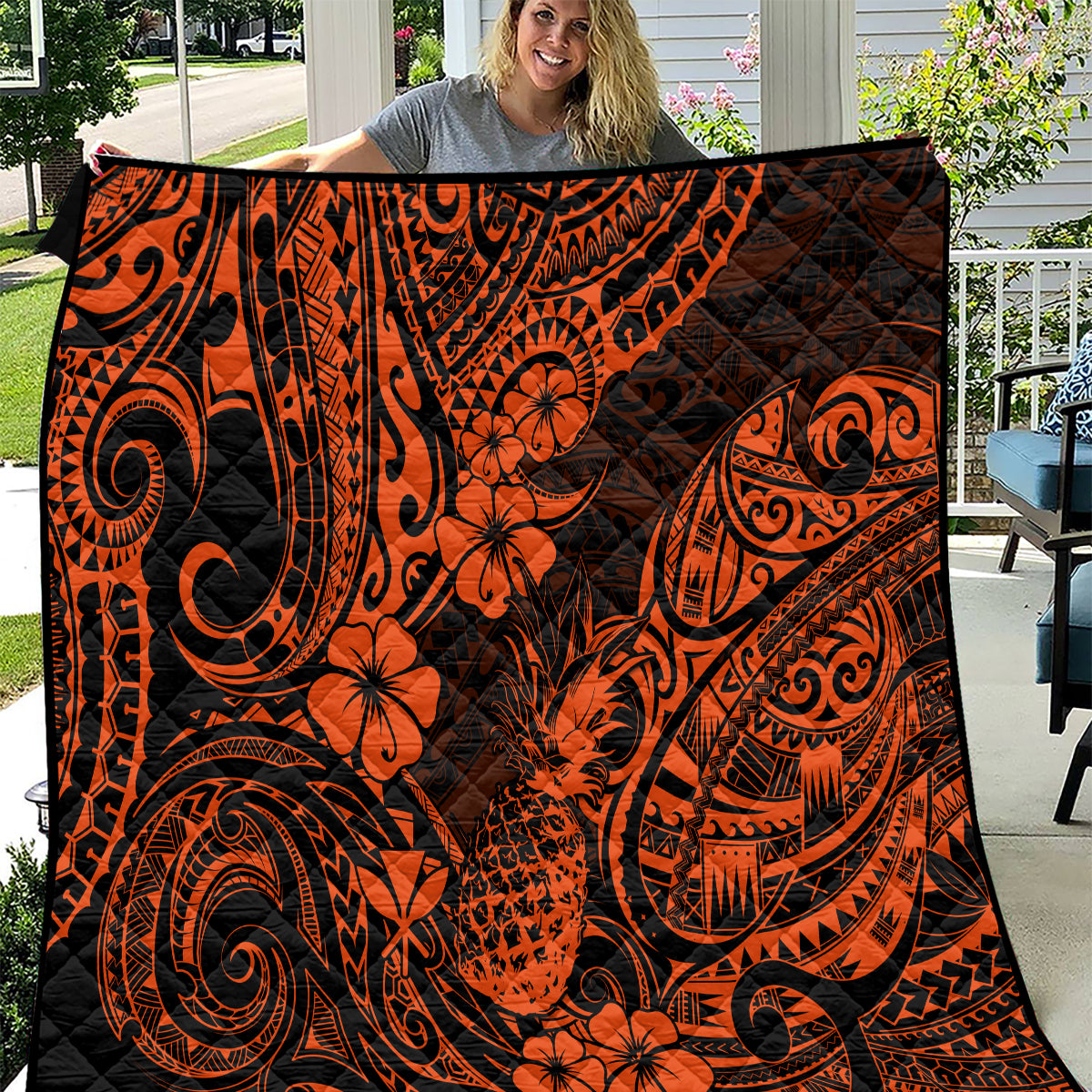 Hawaii Pineapple Quilt Paradise Flowers Pacific With Orange Polynesian Tribal - Wonder Print Shop