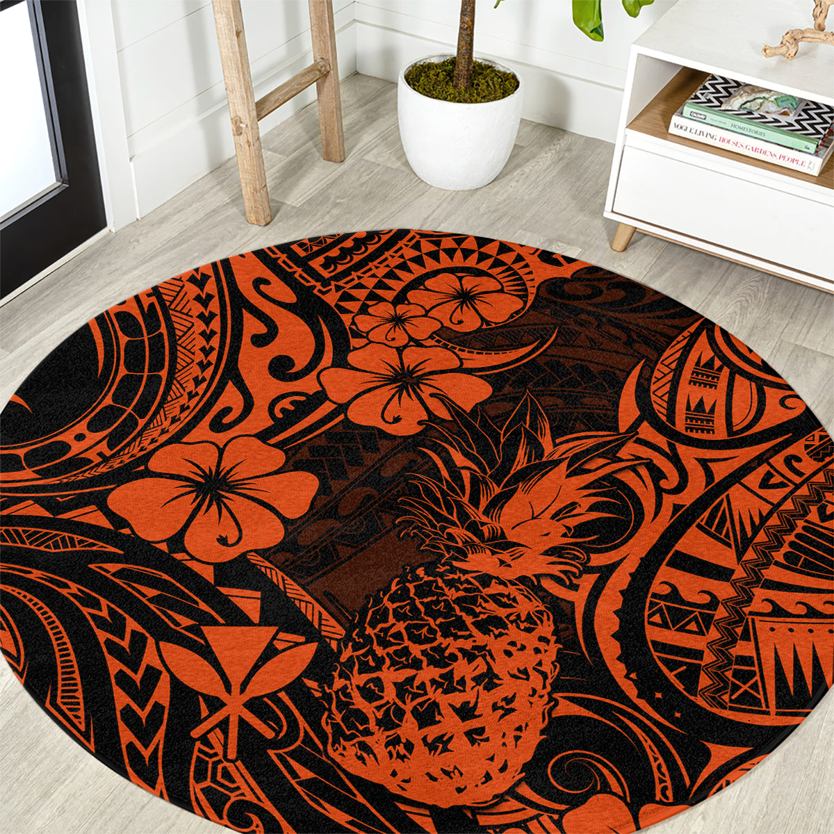 hawaii-pineapple-round-carpet-paradise-flowers-pacific-with-orange-polynesian-tribal