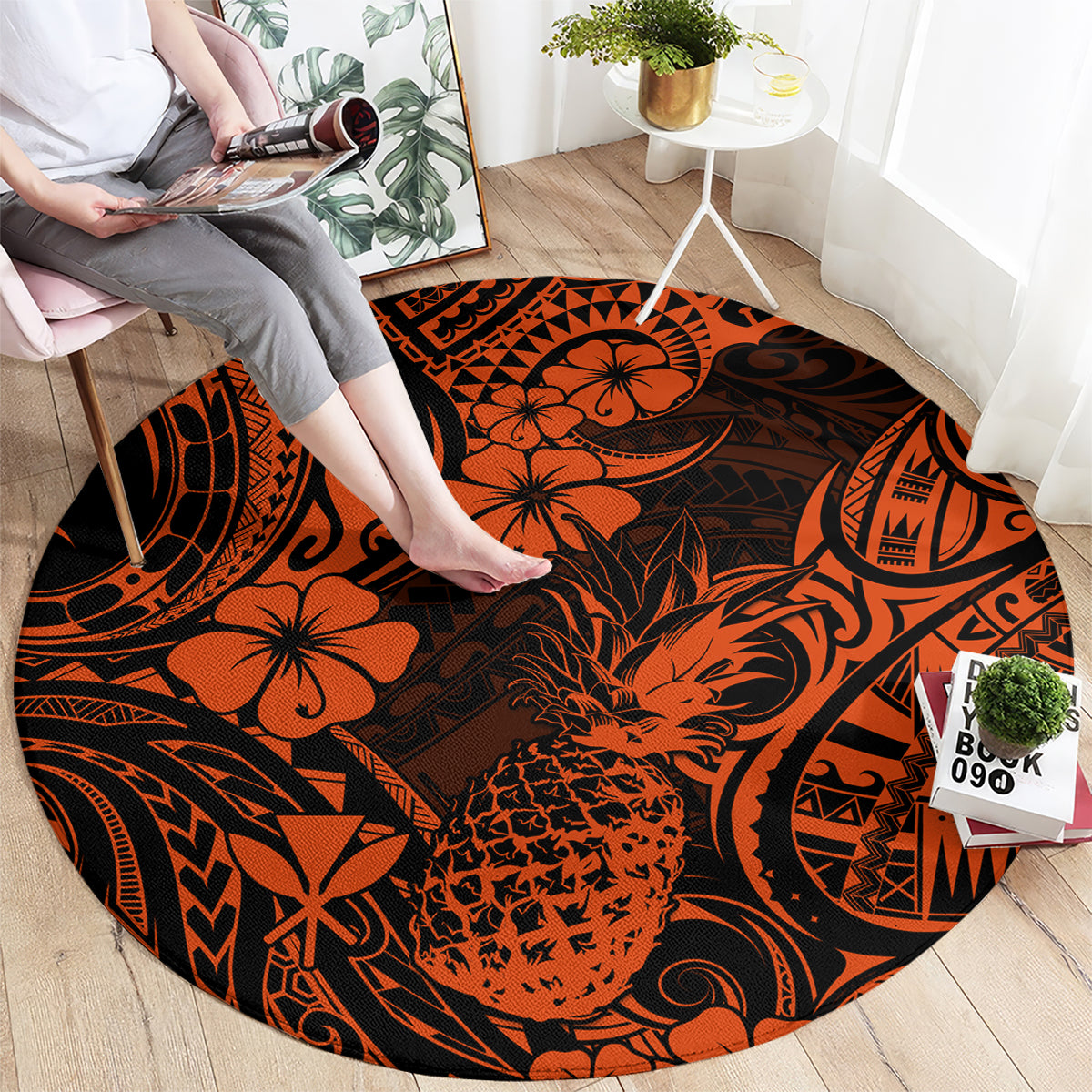 hawaii-pineapple-round-carpet-paradise-flowers-pacific-with-orange-polynesian-tribal
