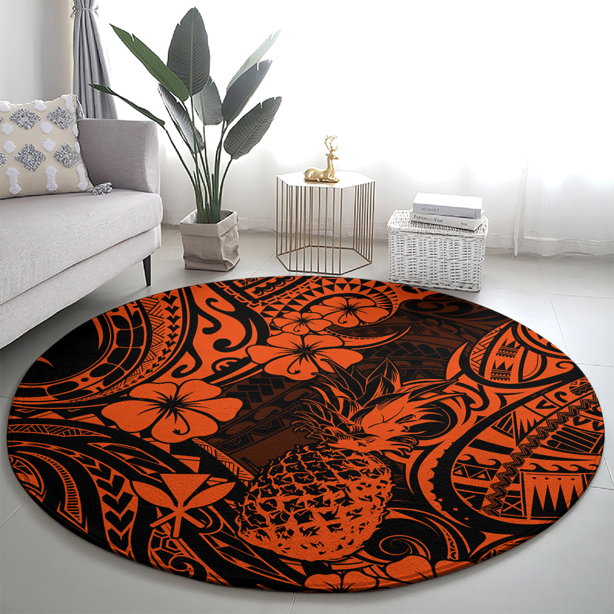 hawaii-pineapple-round-carpet-paradise-flowers-pacific-with-orange-polynesian-tribal