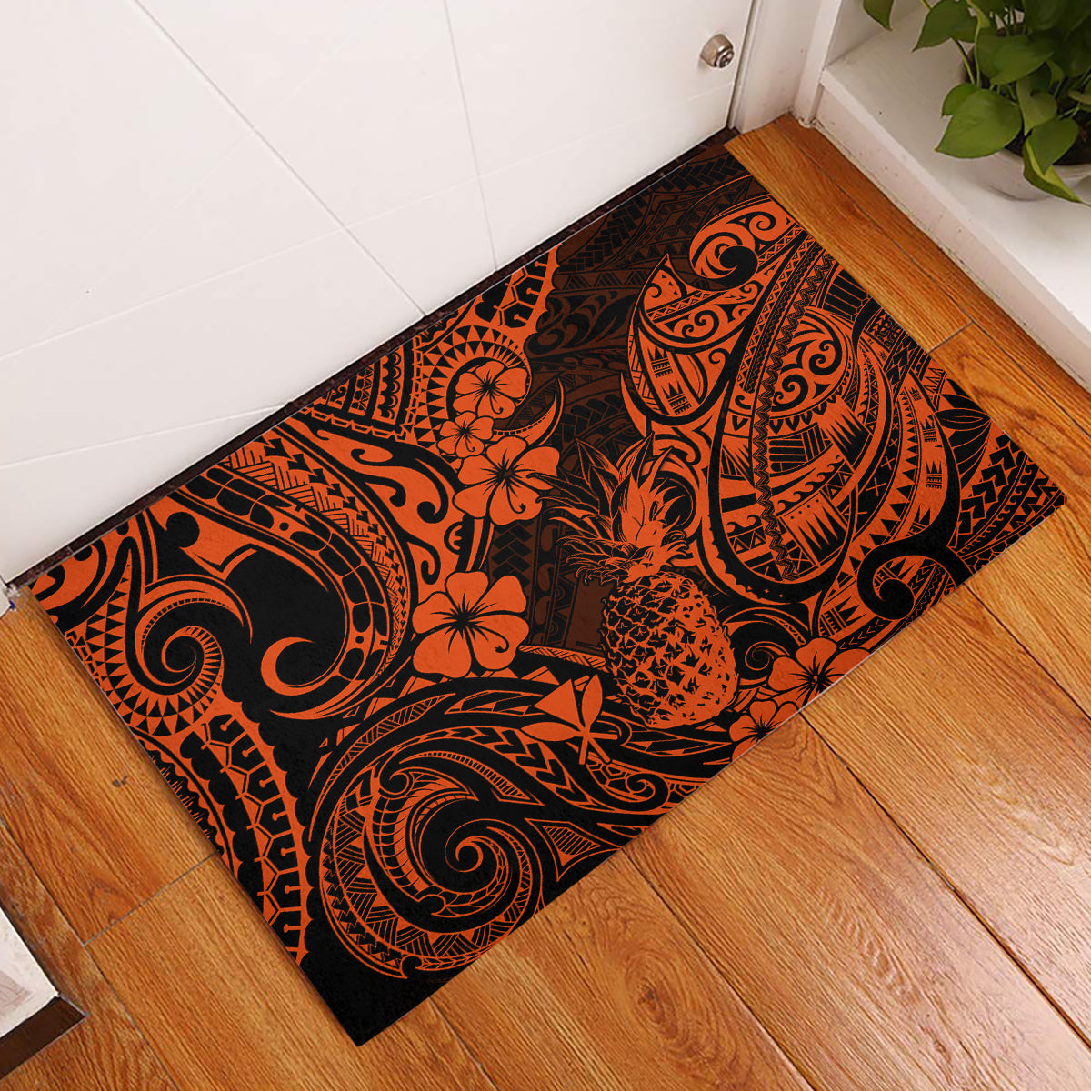 Hawaii Pineapple Rubber Doormat Paradise Flowers Pacific With Orange Polynesian Tribal - Wonder Print Shop