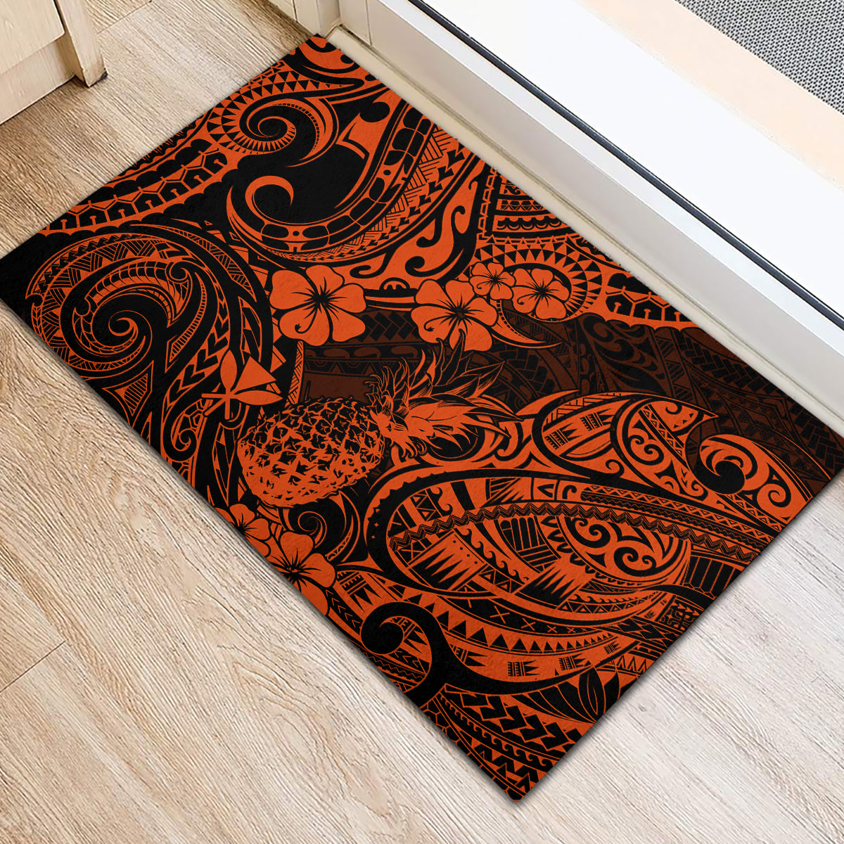 Hawaii Pineapple Rubber Doormat Paradise Flowers Pacific With Orange Polynesian Tribal - Wonder Print Shop
