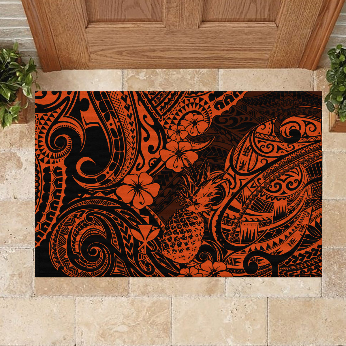 Hawaii Pineapple Rubber Doormat Paradise Flowers Pacific With Orange Polynesian Tribal - Wonder Print Shop