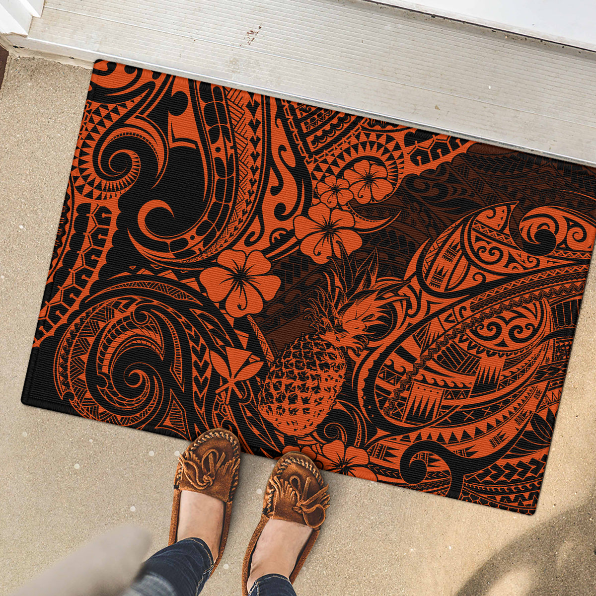 Hawaii Pineapple Rubber Doormat Paradise Flowers Pacific With Orange Polynesian Tribal - Wonder Print Shop