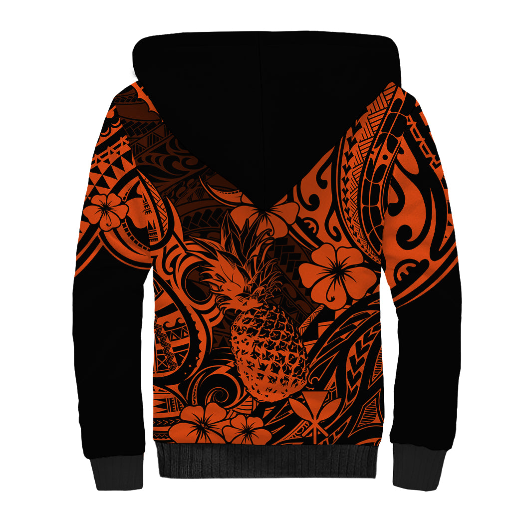 Hawaii Pineapple Sherpa Hoodie Paradise Flowers Pacific With Orange Polynesian Tribal - Wonder Print Shop
