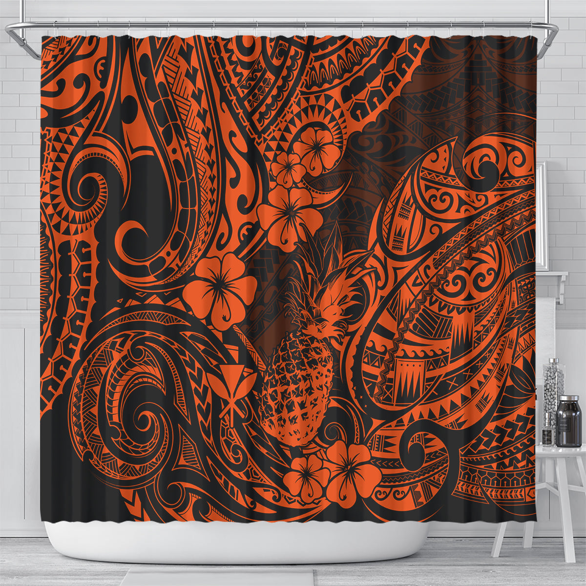 hawaii-pineapple-shower-curtain-paradise-flowers-pacific-with-orange-polynesian-tribal