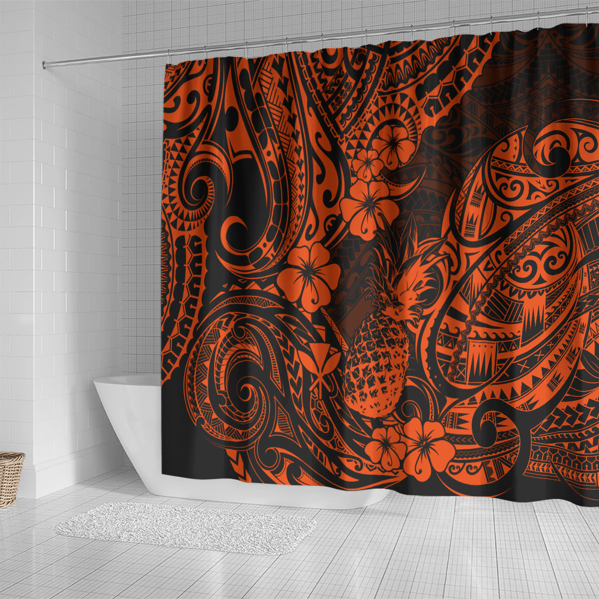 hawaii-pineapple-shower-curtain-paradise-flowers-pacific-with-orange-polynesian-tribal