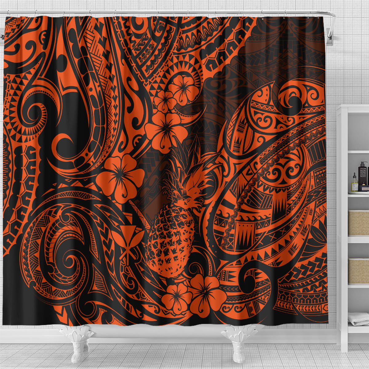 hawaii-pineapple-shower-curtain-paradise-flowers-pacific-with-orange-polynesian-tribal