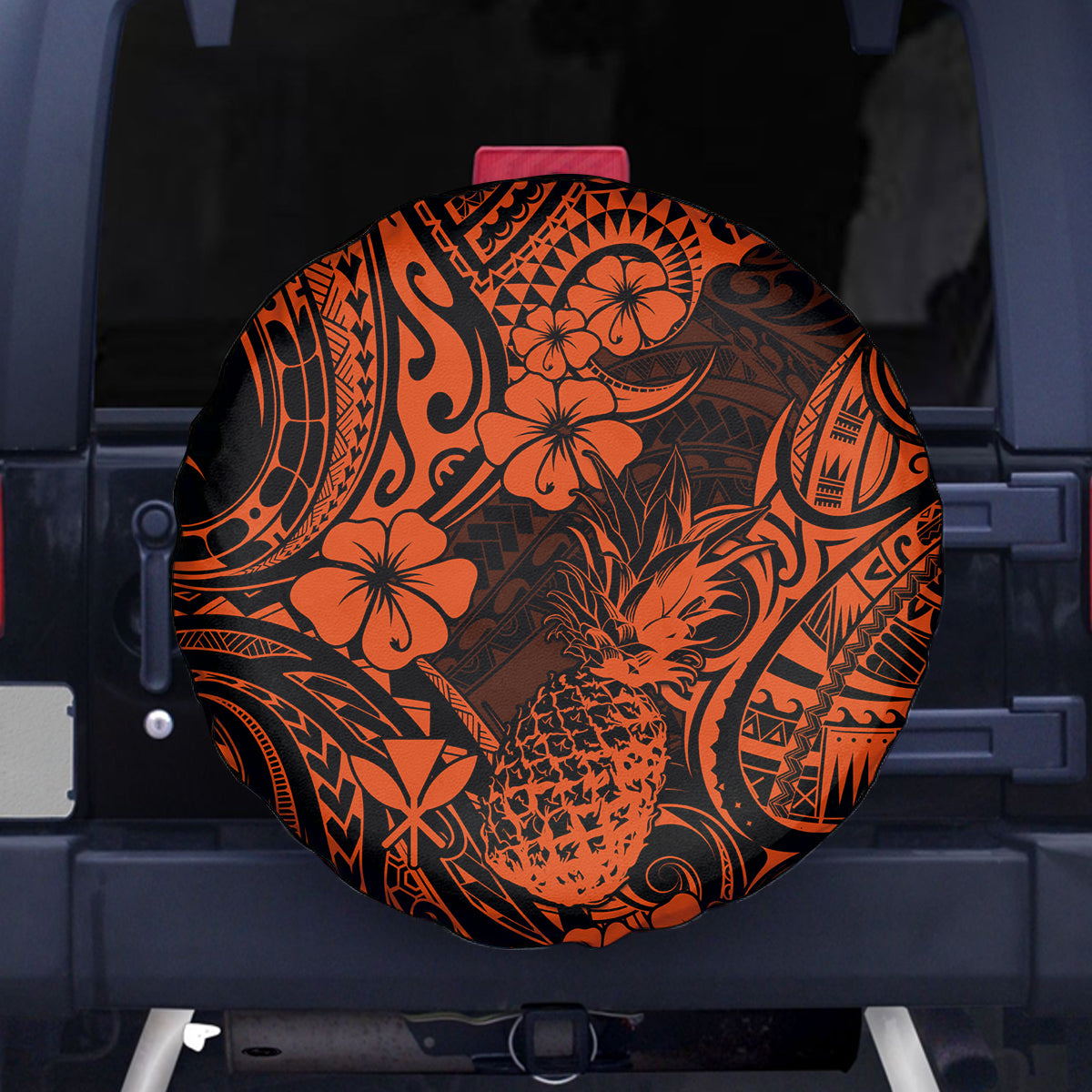 Hawaii Pineapple Spare Tire Cover Paradise Flowers Pacific With Orange Polynesian Tribal - Wonder Print Shop