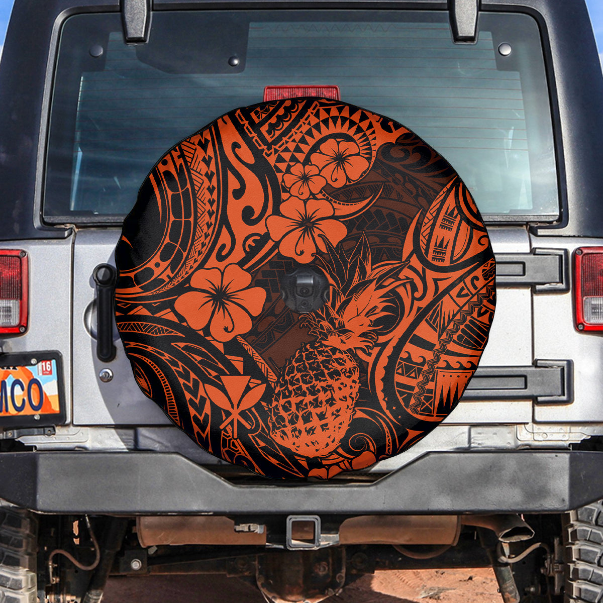 Hawaii Pineapple Spare Tire Cover Paradise Flowers Pacific With Orange Polynesian Tribal - Wonder Print Shop