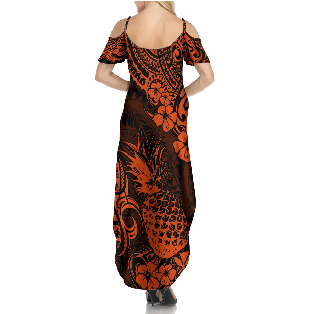 Hawaii Pineapple Summer Maxi Dress Paradise Flowers Pacific With Orange Polynesian Tribal - Wonder Print Shop