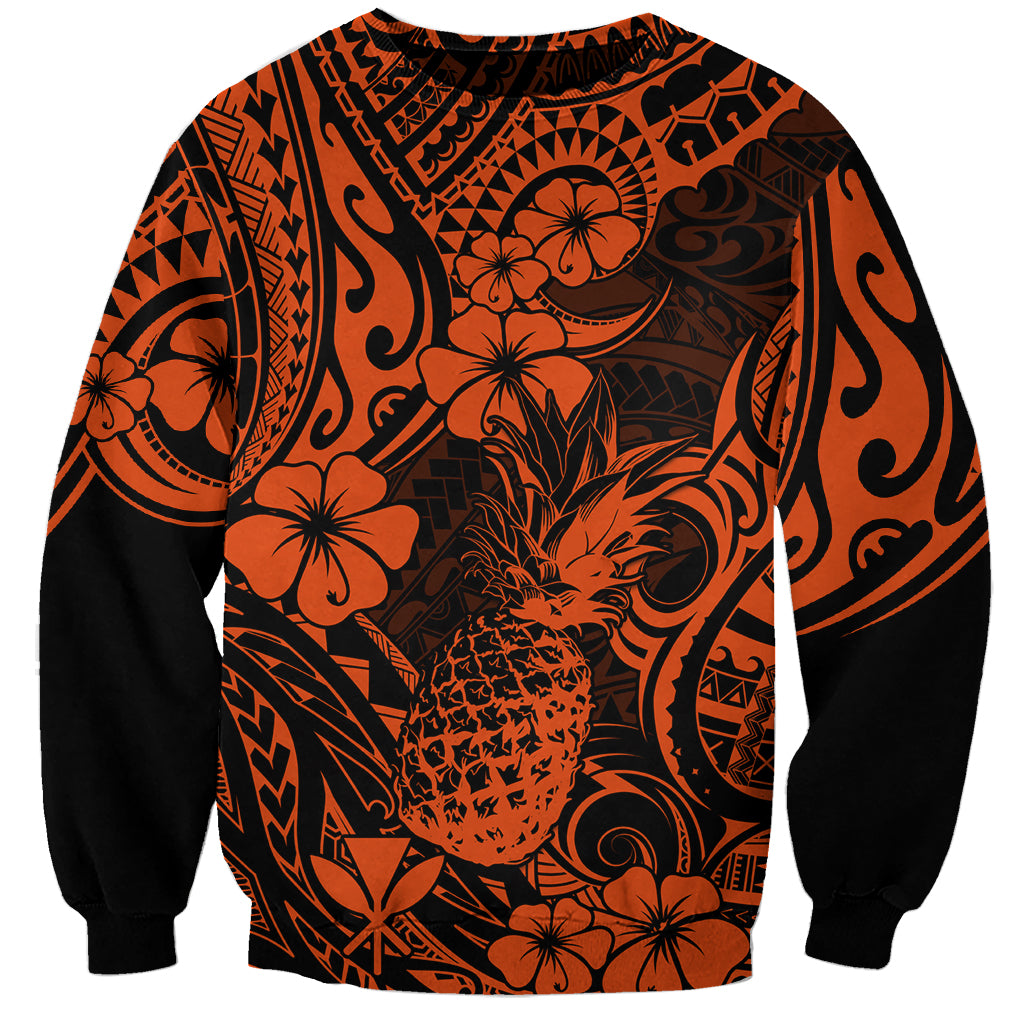 Hawaii Pineapple Sweatshirt Paradise Flowers Pacific With Orange Polynesian Tribal - Wonder Print Shop