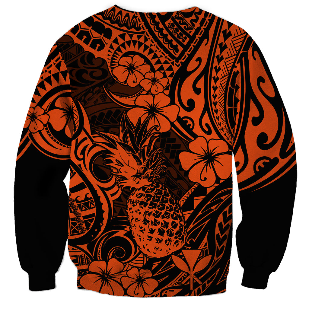 Hawaii Pineapple Sweatshirt Paradise Flowers Pacific With Orange Polynesian Tribal - Wonder Print Shop