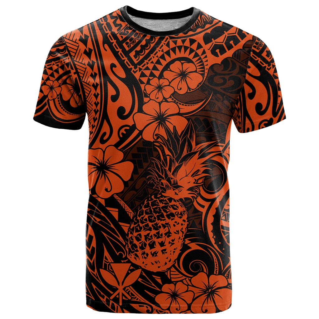 Hawaii Pineapple T Shirt Paradise Flowers Pacific With Orange Polynesian Tribal - Wonder Print Shop