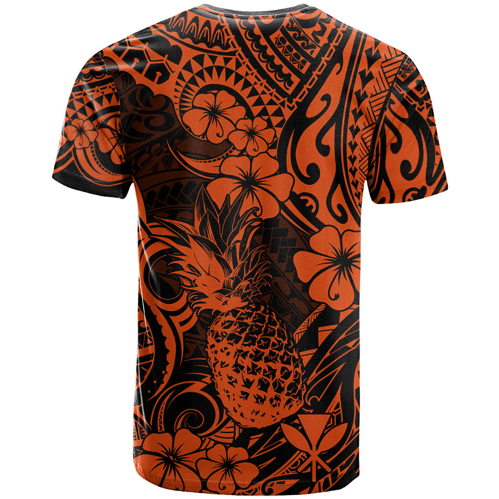 Hawaii Pineapple T Shirt Paradise Flowers Pacific With Orange Polynesian Tribal - Wonder Print Shop