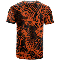 Hawaii Pineapple T Shirt Paradise Flowers Pacific With Orange Polynesian Tribal - Wonder Print Shop