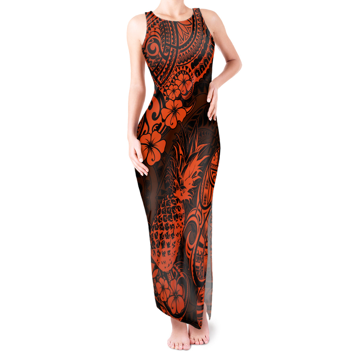 Hawaii Pineapple Tank Maxi Dress Paradise Flowers Pacific With Orange Polynesian Tribal - Wonder Print Shop