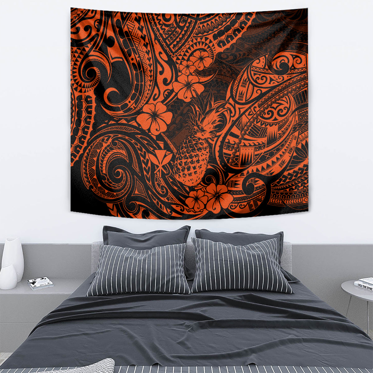 Hawaii Pineapple Tapestry Paradise Flowers Pacific With Orange Polynesian Tribal - Wonder Print Shop