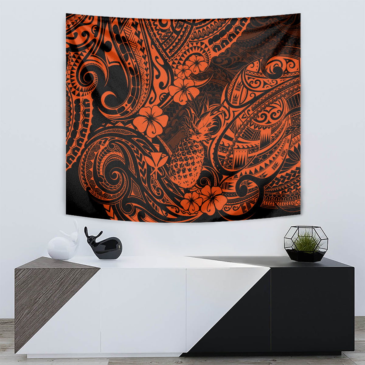 Hawaii Pineapple Tapestry Paradise Flowers Pacific With Orange Polynesian Tribal - Wonder Print Shop