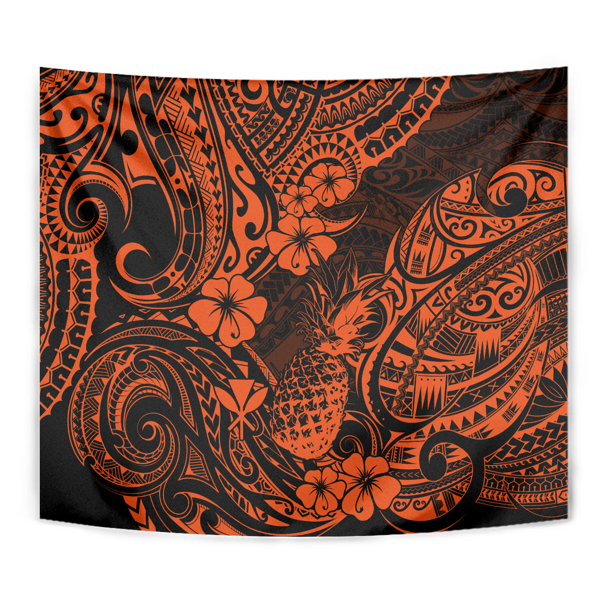 Hawaii Pineapple Tapestry Paradise Flowers Pacific With Orange Polynesian Tribal - Wonder Print Shop