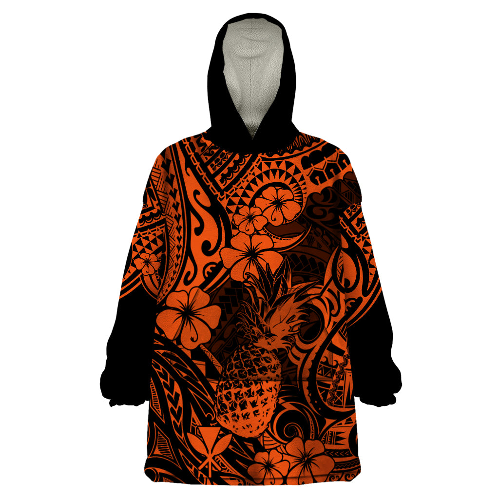 Hawaii Pineapple Wearable Blanket Hoodie Paradise Flowers Pacific With Orange Polynesian Tribal - Wonder Print Shop