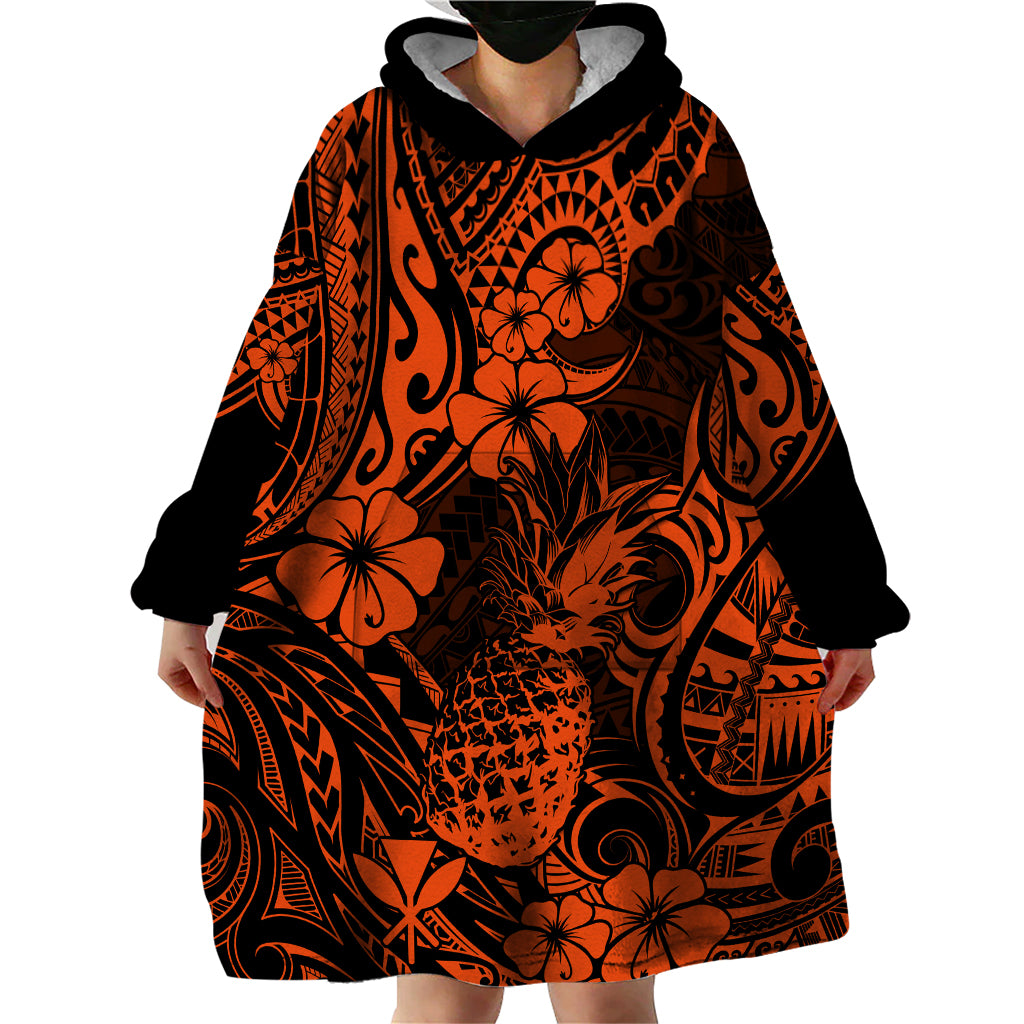 Hawaii Pineapple Wearable Blanket Hoodie Paradise Flowers Pacific With Orange Polynesian Tribal - Wonder Print Shop