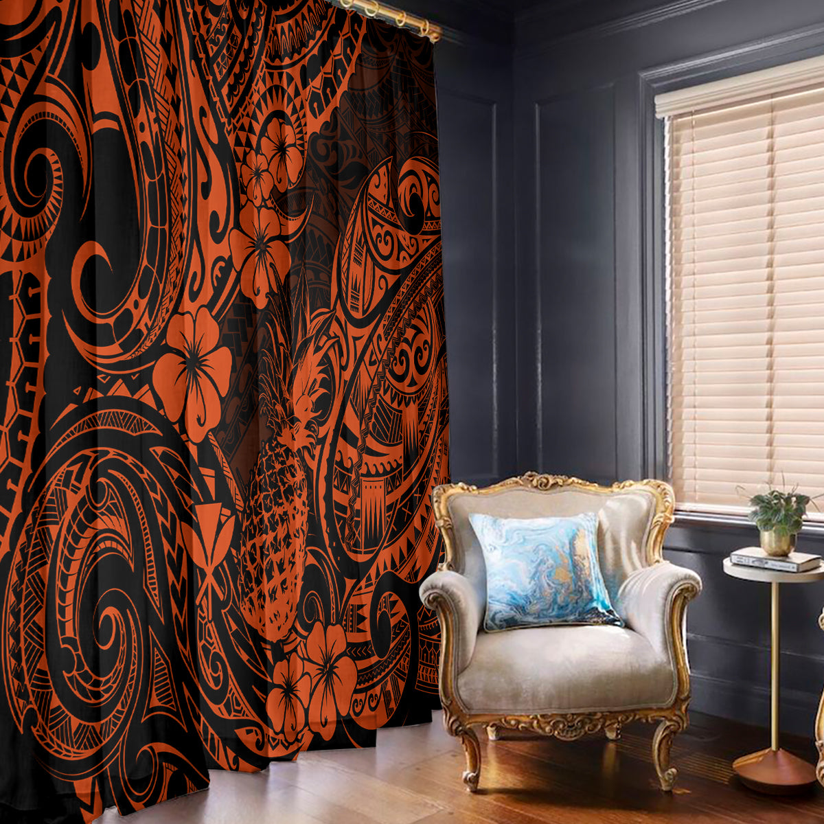 Hawaii Pineapple Window Curtain Paradise Flowers Pacific With Orange Polynesian Tribal - Wonder Print Shop