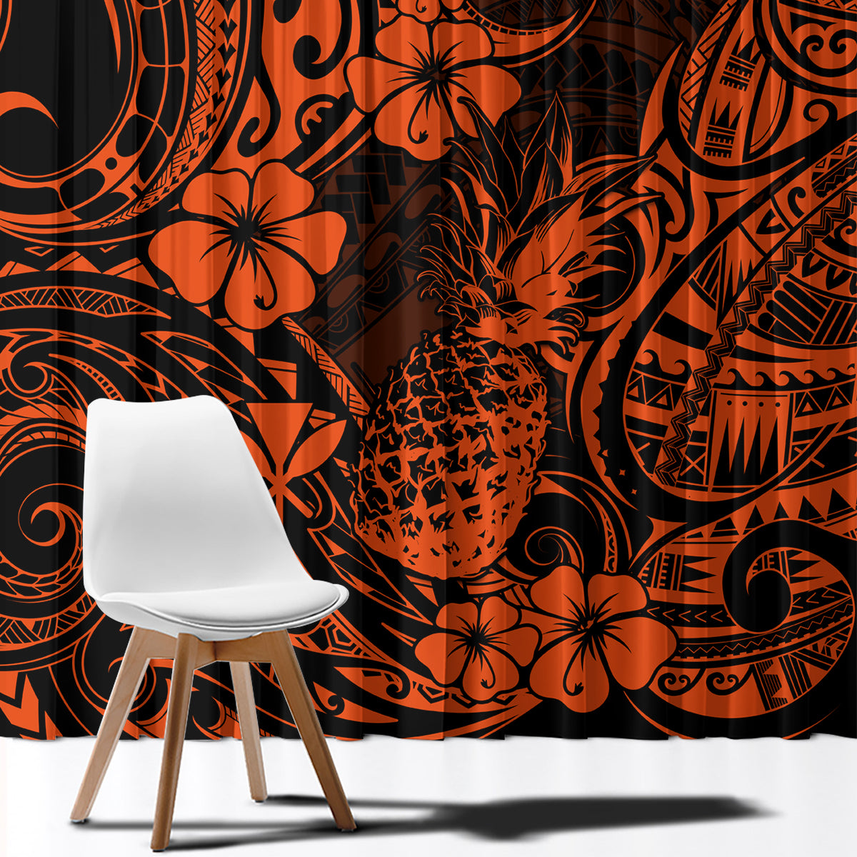Hawaii Pineapple Window Curtain Paradise Flowers Pacific With Orange Polynesian Tribal - Wonder Print Shop