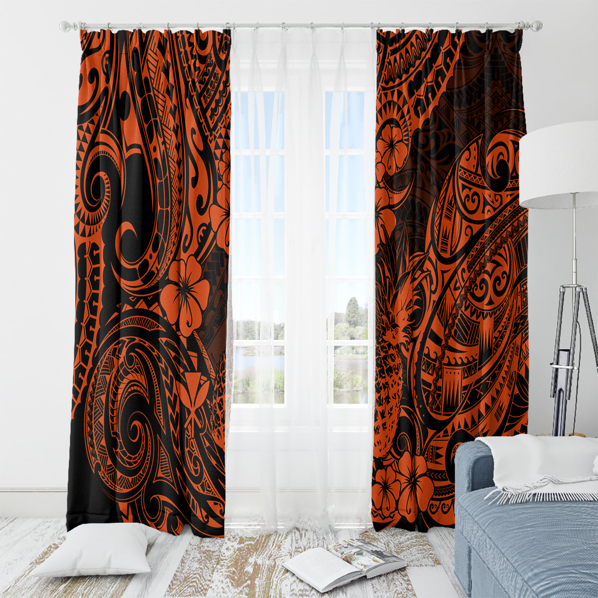 Hawaii Pineapple Window Curtain Paradise Flowers Pacific With Orange Polynesian Tribal - Wonder Print Shop