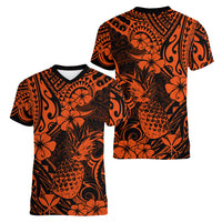 Hawaii Pineapple Women V Neck T Shirt Paradise Flowers Pacific With Orange Polynesian Tribal - Wonder Print Shop