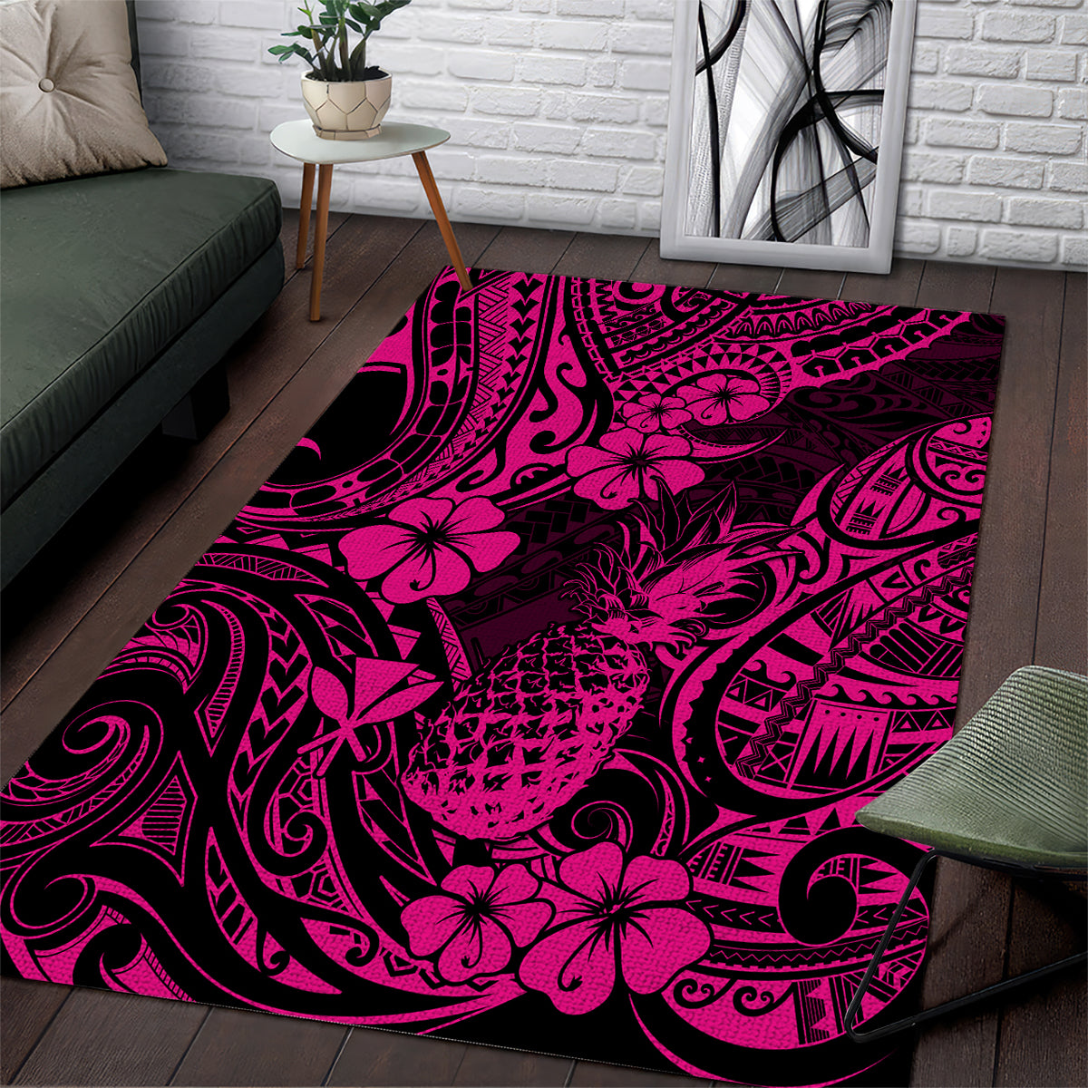 Hawaii Pineapple Area Rug Paradise Flowers Pacific With Pink Polynesian Tribal - Wonder Print Shop