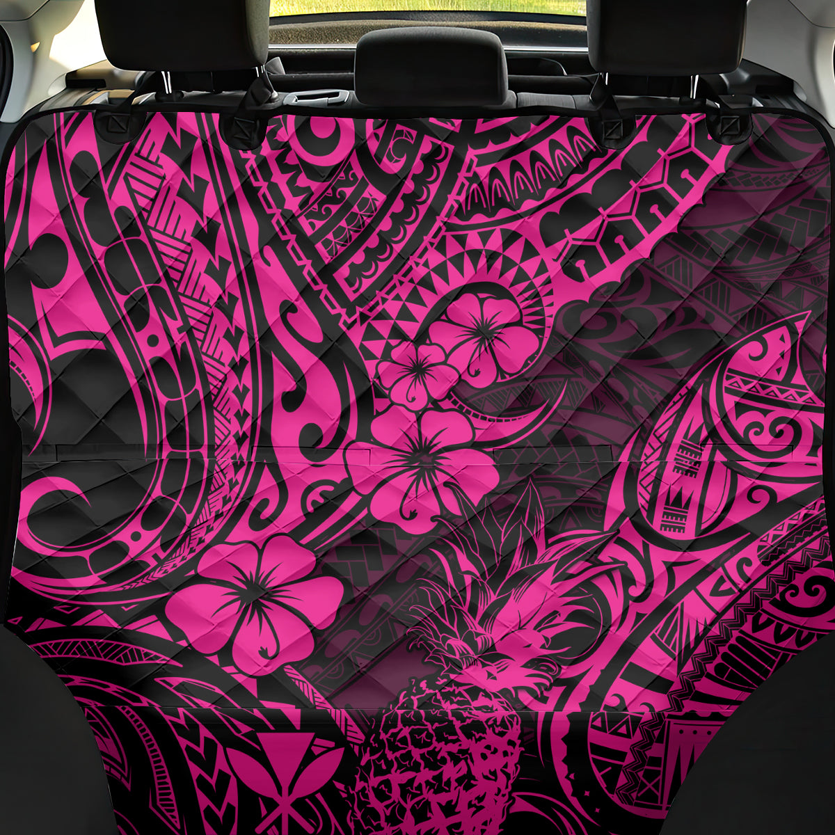 Hawaii Pineapple Back Car Seat Cover Paradise Flowers Pacific With Pink Polynesian Tribal - Wonder Print Shop