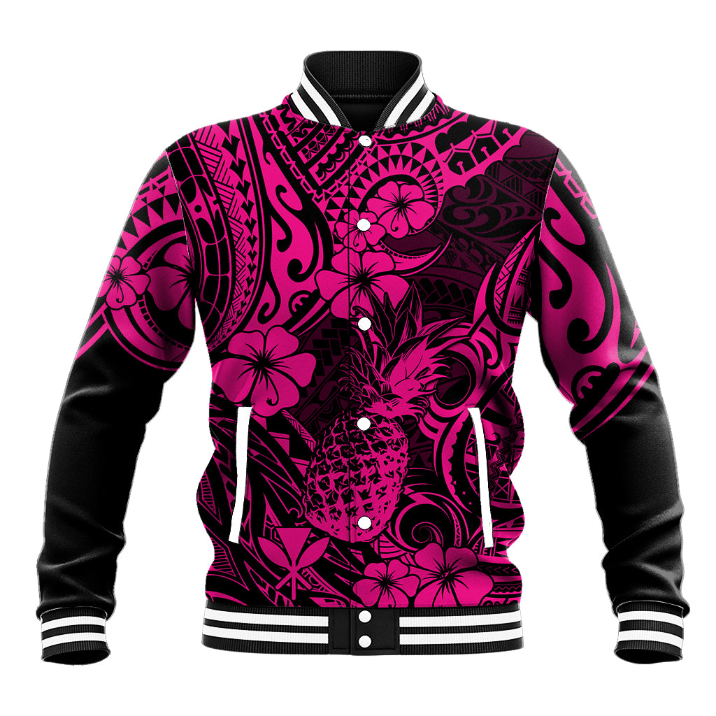 Hawaii Pineapple Baseball Jacket Paradise Flowers Pacific With Pink Polynesian Tribal - Wonder Print Shop