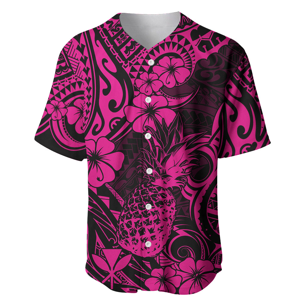 Hawaii Pineapple Baseball Jersey Paradise Flowers Pacific With Pink Polynesian Tribal - Wonder Print Shop